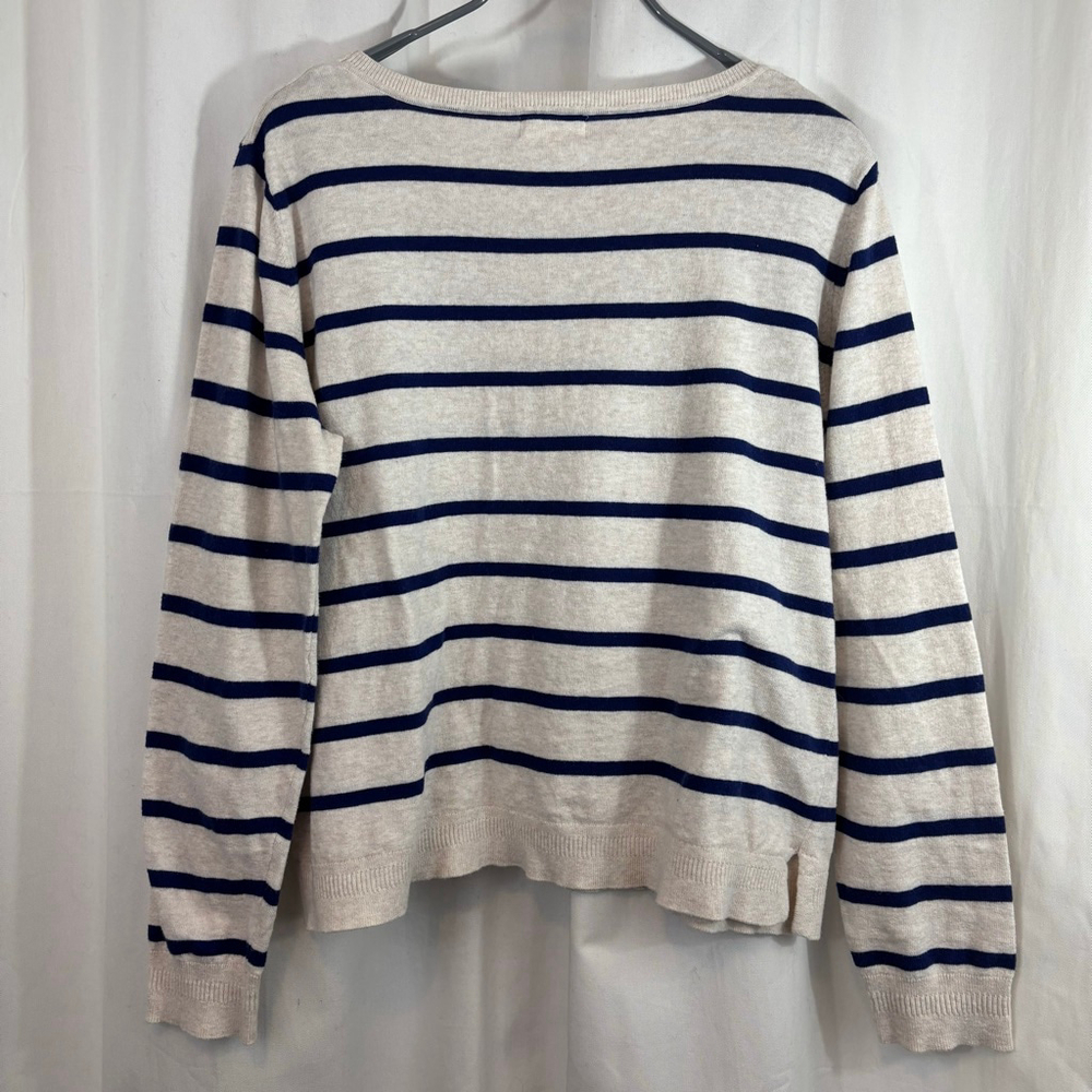 Women's YERSE Beige & Navy Striped Breton Crew Neck Sweater Size L - Picture 2 of 4